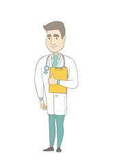 Image showing Caucasian doctor holding clipboard with papers.