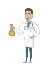 Image showing Young hispanic doctor holding a money bag.