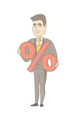 Image showing Young caucasian businessman holding percent sign.