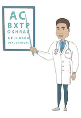 Image showing Hispanic ophthalmologist pointing at eye chart.