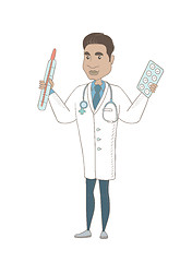 Image showing Otolaryngologist holding thermometer and pills.