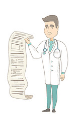 Image showing Young doctor in medical gown giving presentation.