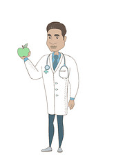 Image showing Hispanic nutritionist offering fresh red apple.