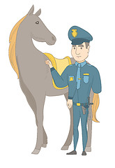 Image showing Young caucasian police officer and horse.