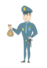 Image showing Young caucasian policeman holding a money bag.