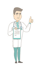 Image showing Caucasian doctor with clipboard giving thumb up.