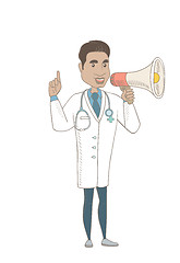 Image showing Young hispanic doctor talking into loudspeaker.