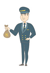 Image showing Young caucasian pilot holding a money bag.