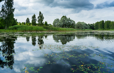 Image showing Reflections in a lake with sky and trees