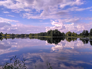 Image showing Reflections in a lake with sky and trees