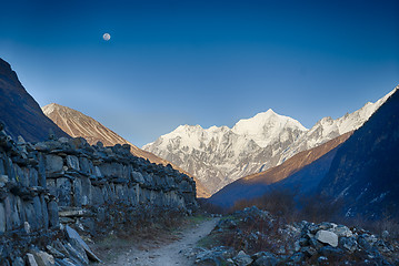 Image showing Langtang valley moonrise over mountain