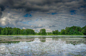 Image showing Reflections in a lake with sky and trees