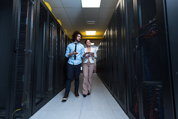 Image showing engineer showing working data center server room to female chief