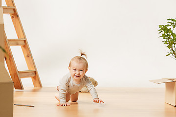 Image showing Friendly blue eyed baby girl sitting on the floor indoors