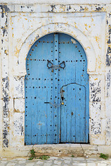 Image showing Aged Blue door in Andalusian style from Sidi Bou Said