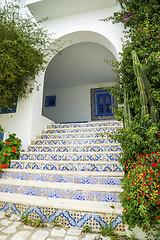 Image showing Aged backyard stairs in Andalusian style from Sidi Bou Said