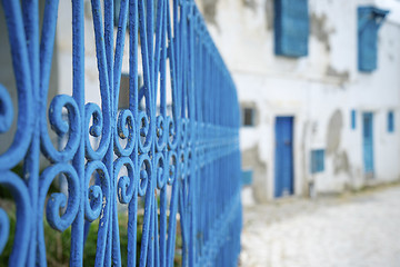 Image showing Aged Blue doors and windows in Andalusian style from Sidi Bou Sa