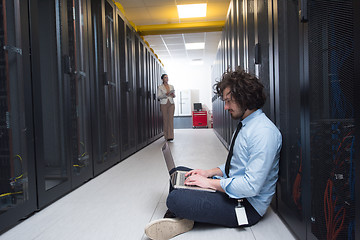 Image showing Team of young technicians working together on servers