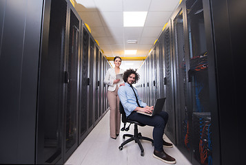 Image showing Team of young technicians working together on servers