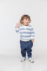 Image showing Portrait of happy joyful beautiful little boy, studio shot