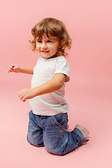 Image showing Portrait of happy joyful beautiful little boy, studio shot