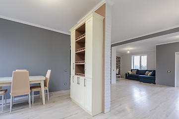 Image showing Luxury modern provence styled grey, pink and cream kitchen interior