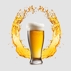 Image showing Glass of light beer on a background of splashing logo sign.