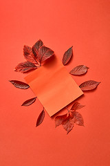 Image showing Congratulation handmade set from colorful autumn leaves and paper card.