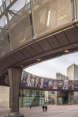 Image showing Wide angle shot with people walking by European Parliament\'s Leopold Square