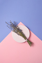 Image showing Creeting card with sprig of lavender on a plate.