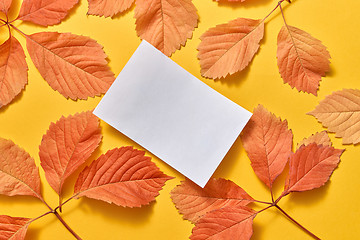 Image showing Invitation card from paper sheet on autumn leaves background.