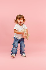 Image showing Portrait of happy joyful beautiful little boy, studio shot