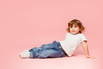 Image showing Portrait of happy joyful beautiful little boy, studio shot