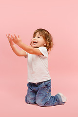 Image showing Portrait of happy joyful beautiful little boy, studio shot