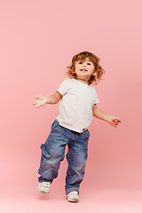 Image showing Portrait of happy joyful beautiful little boy, studio shot