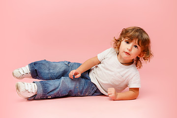 Image showing Portrait of happy joyful beautiful little boy, studio shot