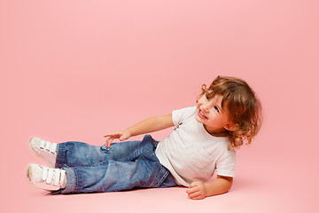 Image showing Portrait of happy joyful beautiful little boy, studio shot