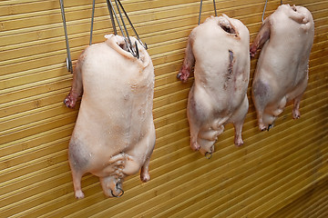 Image showing Three stuffed geese before grill