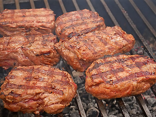 Image showing Large pieces of meat are roasted on metal bars