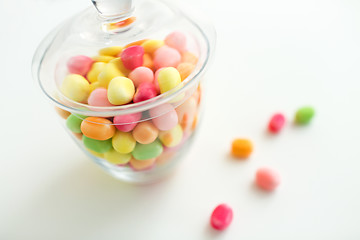 Image showing close up of glass jar with colorful candy drops