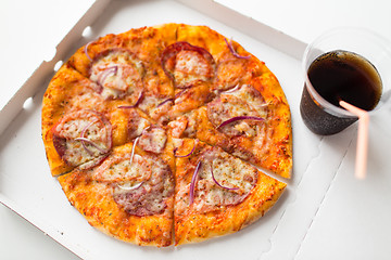 Image showing close up of takeaway pizza in box with cup of cola