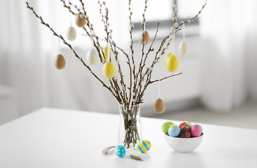 Image showing pussy willow branches decorated by easter eggs