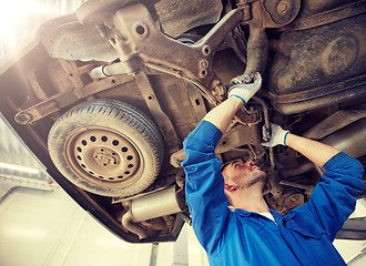 Image showing mechanic man or smith repairing car at workshop