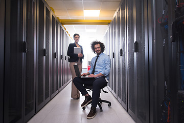 Image showing Team of young technicians working together on servers