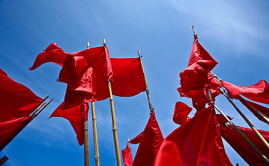Image showing Red flags on a Fishing boats Vedbaek harbour