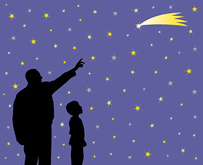 Image showing Father is showing falling star to his amazed kid with wow face