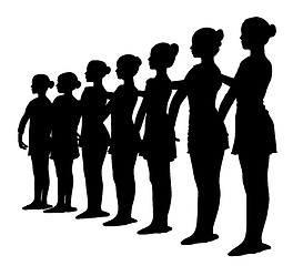 Image showing Silhouettes of seven ballerinas standing in a row