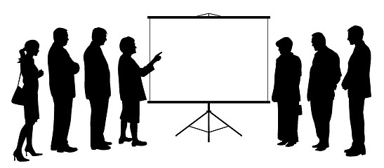 Image showing Woman coach leader presentation on projection screen to people group