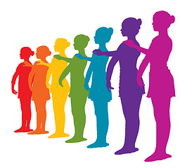 Image showing Rainbow colored row of seven ballerinas