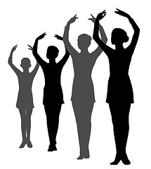 Image showing Group of ballerinas girls standing in a row with raised hands